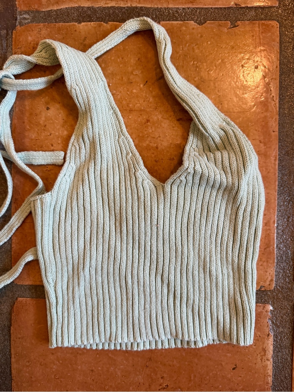 Urban Outfitters Pale Sage Ribbed Halter Crop Top